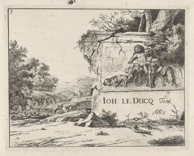 Ansicht einer Ruine in einer Landschaft mit einem Fluss von Johan le Ducq